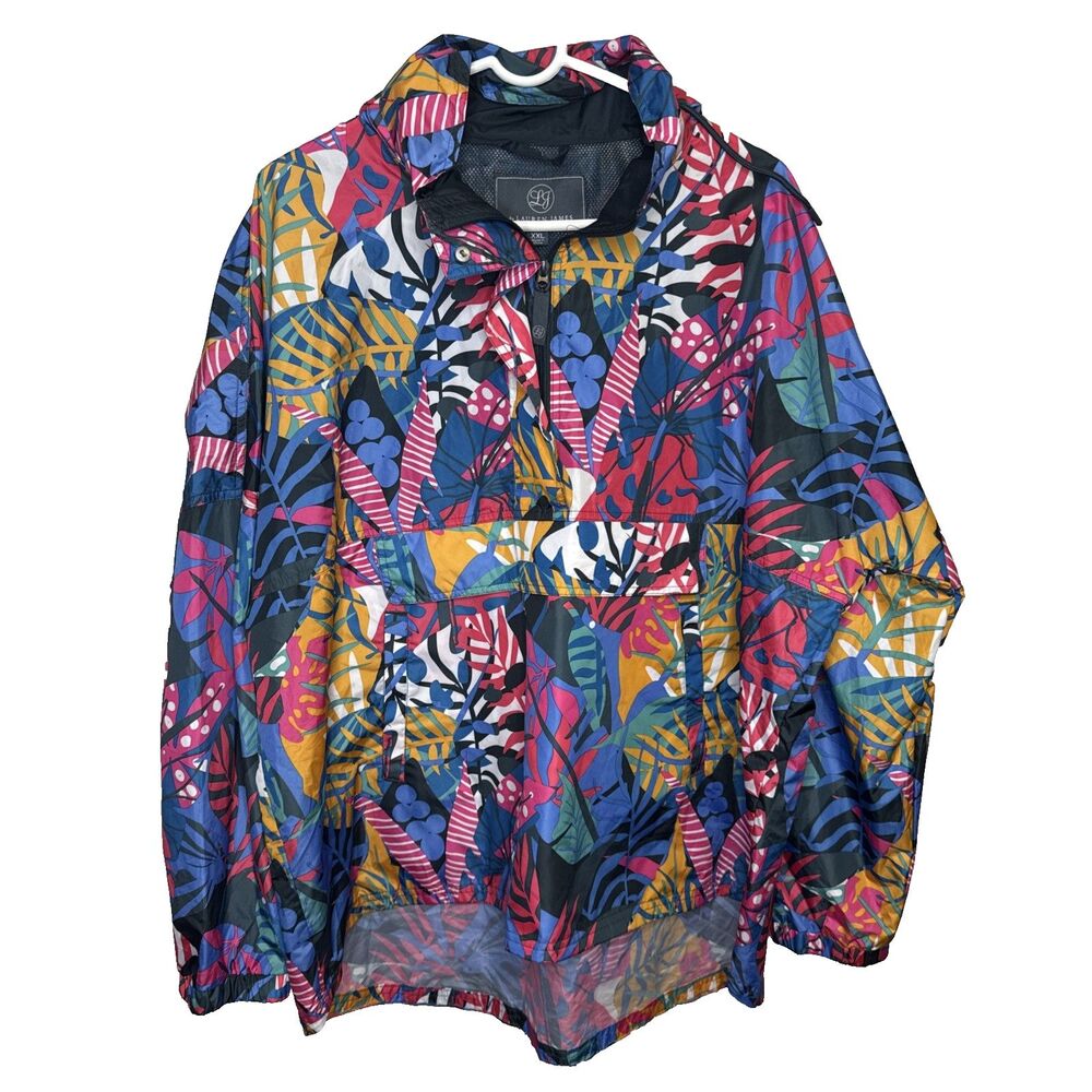 Lauren James Womens XXL Hooded Pullover Anorak Windbreaker Jacket Tropical Flora